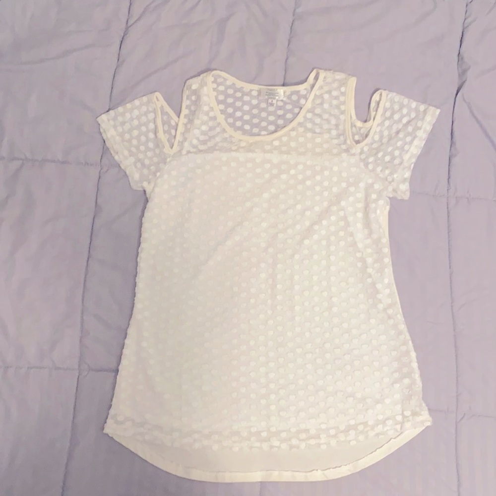 White shirt with off shoulder sleeves, size small.